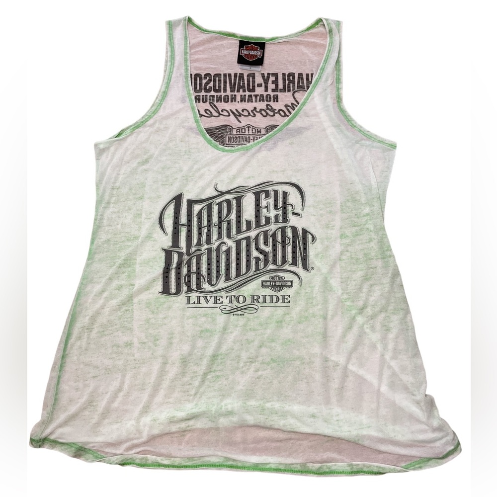 Harley‎ Davidson Women’s Green Rhinestone Tank Top Size Large Roatan Honduras